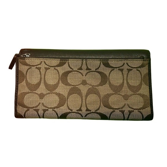 COACH Signature Canvas / Leather Khaki /Brown Trifold Wallet Checkbook F53615 - Picture 2 of 10